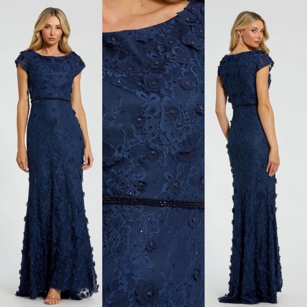 Mac Duggal 67711 Lace Evening Gown Floral Applique Boat Neck Cap Sleeve Formal